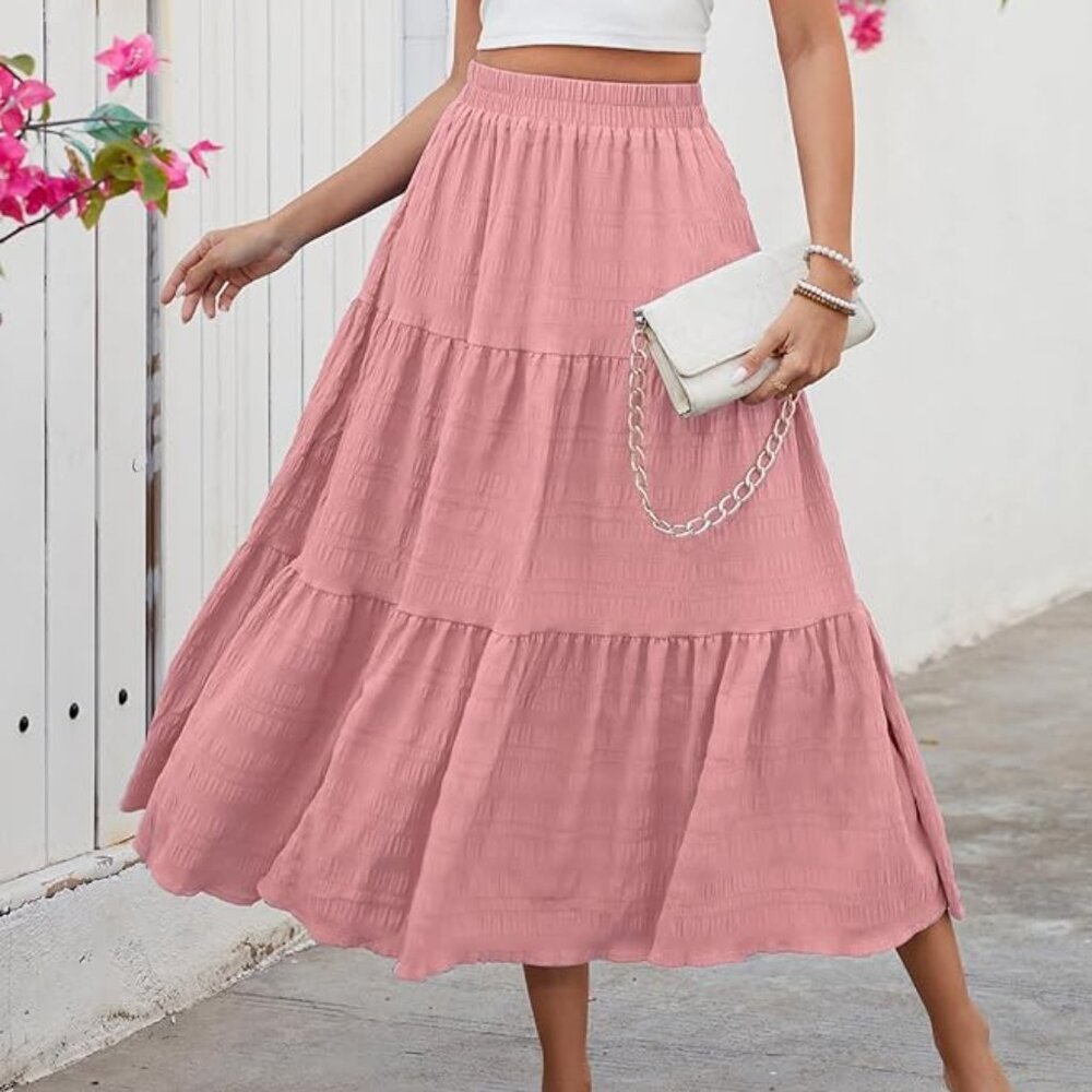 Smocked Tiered Maxi Skirt Pink High-Waist‎ Flowy Size L